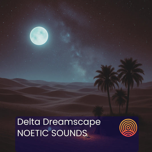 Desert landscape with palm trees under a full moon and starry sky, featuring the text 'Delta Dreamscape NOETIC SOUNDS'.